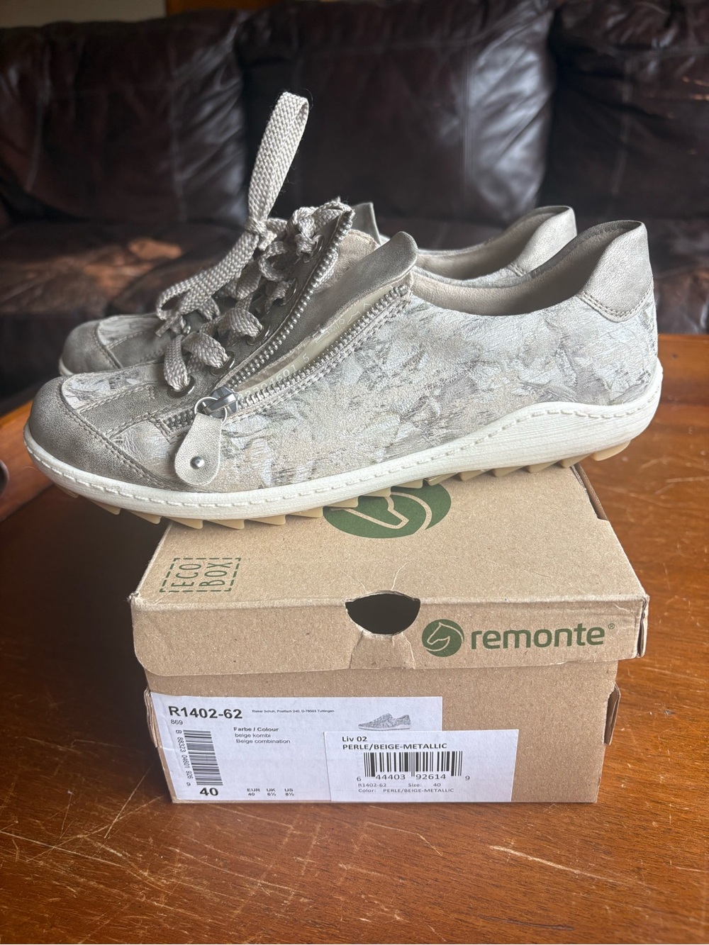Remonte Taupe Metallic Floral Lace-Up Casual Sneaker